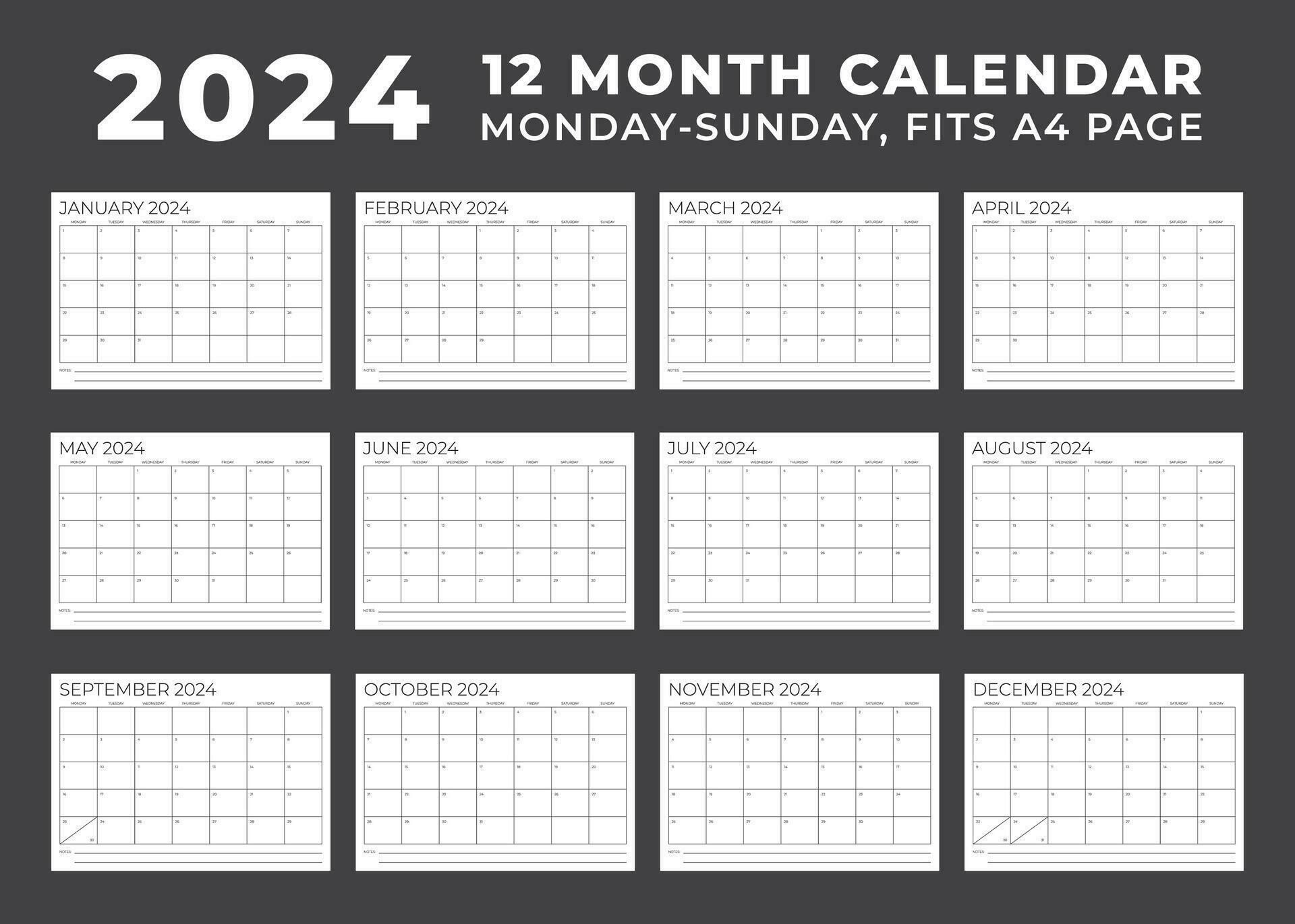 Calendar template for 2024. Monday to Sunday. 12 Month Calendar. Blank
