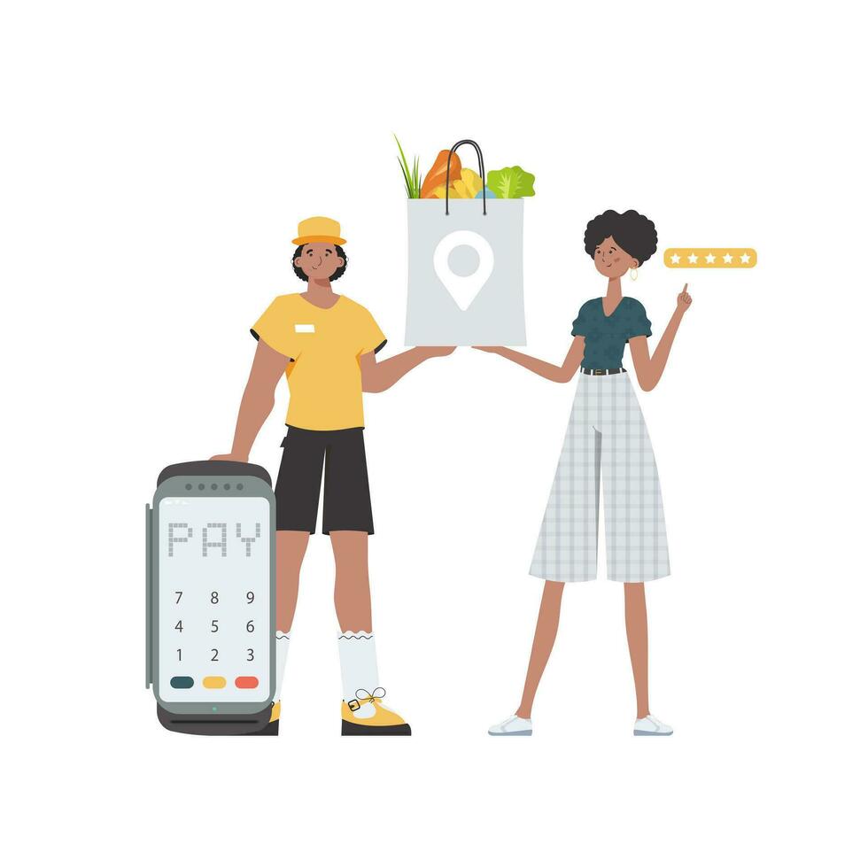 A male courier holds a package with groceries. Delivery concept. Isolated. Trendy flat style. Vector. vector