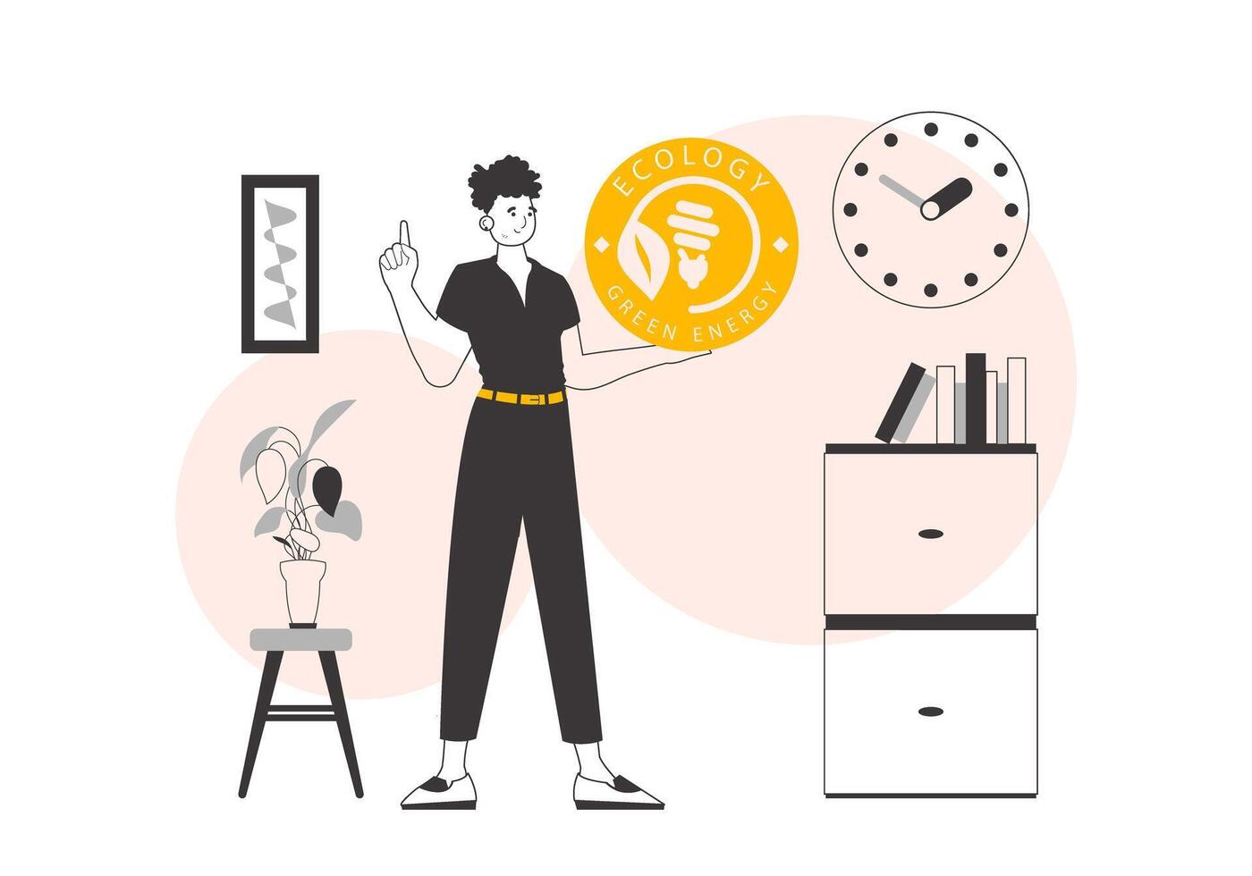 The guy holds the green energy logo in his hand. Lineart style. vector