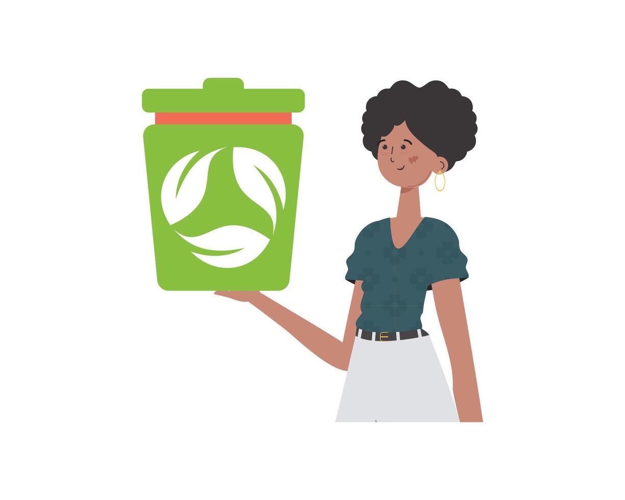 The girl is depicted waist-deep and holding an urn in her hands. The concept of ecology and recycling. Isolated. Trendy character style. Vetcor. vector