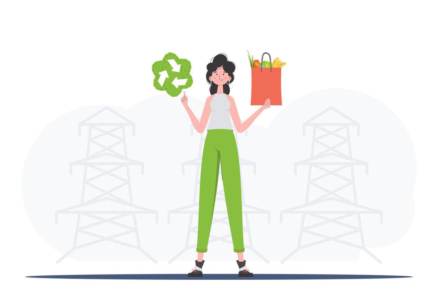 The girl is depicted in full growth holding an EKO icon and a package with proper nutrition. The concept of ecology, zero waste and healthy eating. Trend style, illustration. vector