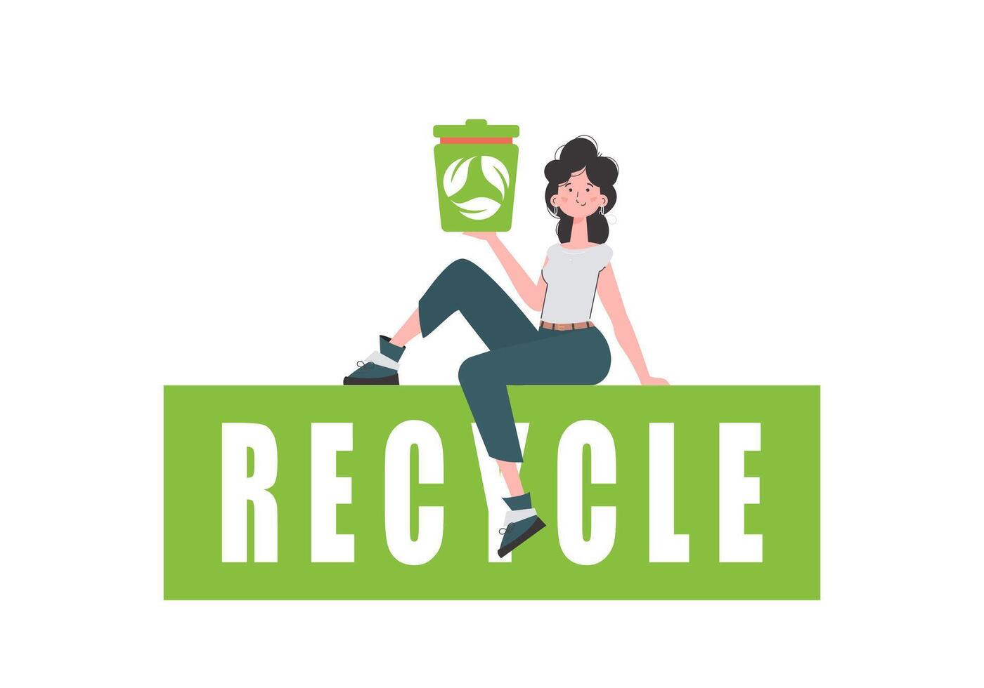 el niña se sienta y sostiene un basura lata en su mano. el concepto de reciclaje y cero desperdiciar. aislado. vector ilustración.