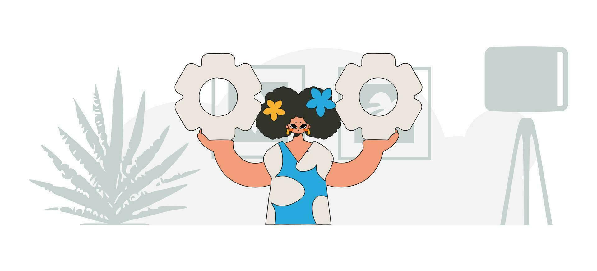 An elegant girl is holding gears. Idea concept. trendy character. vector