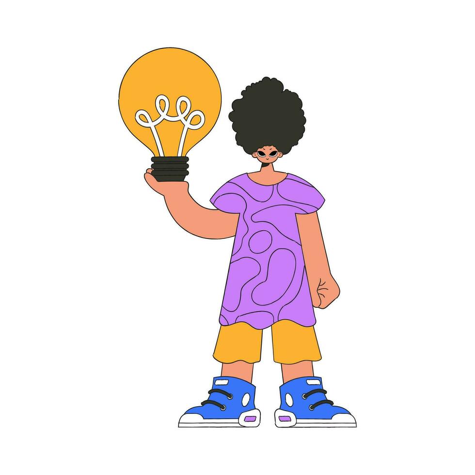 Stylish guy holds a light bulb in his hands. Idea theme. vector