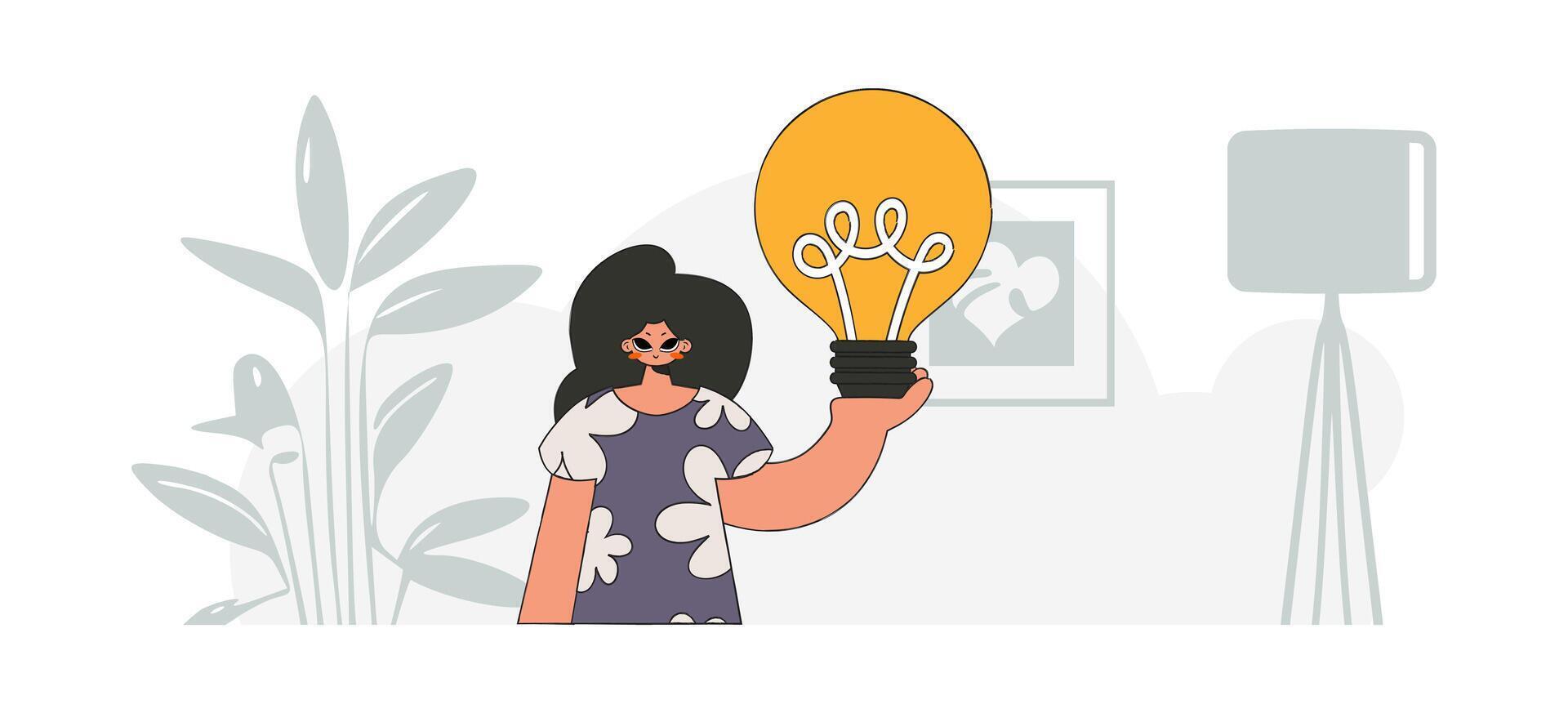 An elegant girl is holding a light bulb. Idea theme. Retro trendy style. vector