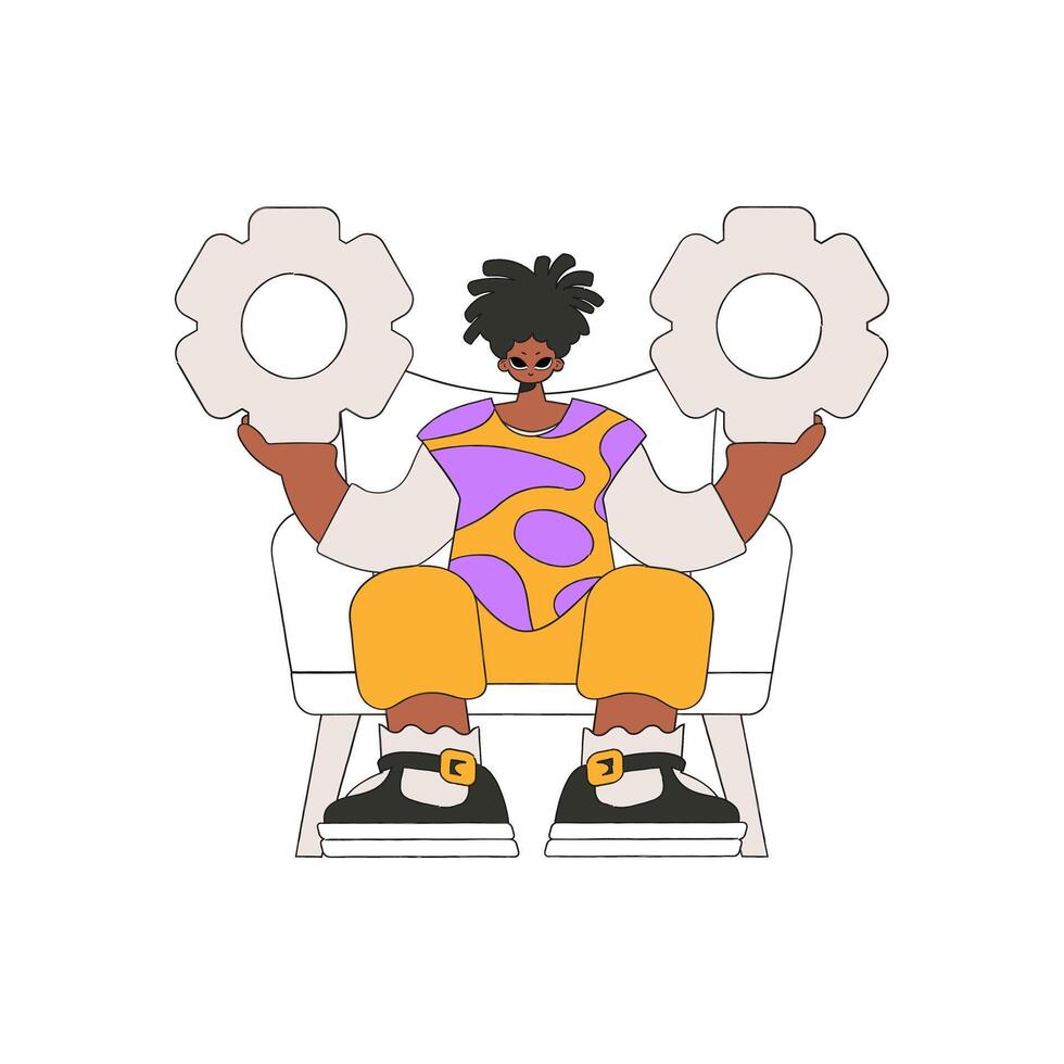 Elegant Guy holds gears in his hands. Idea theme. vector