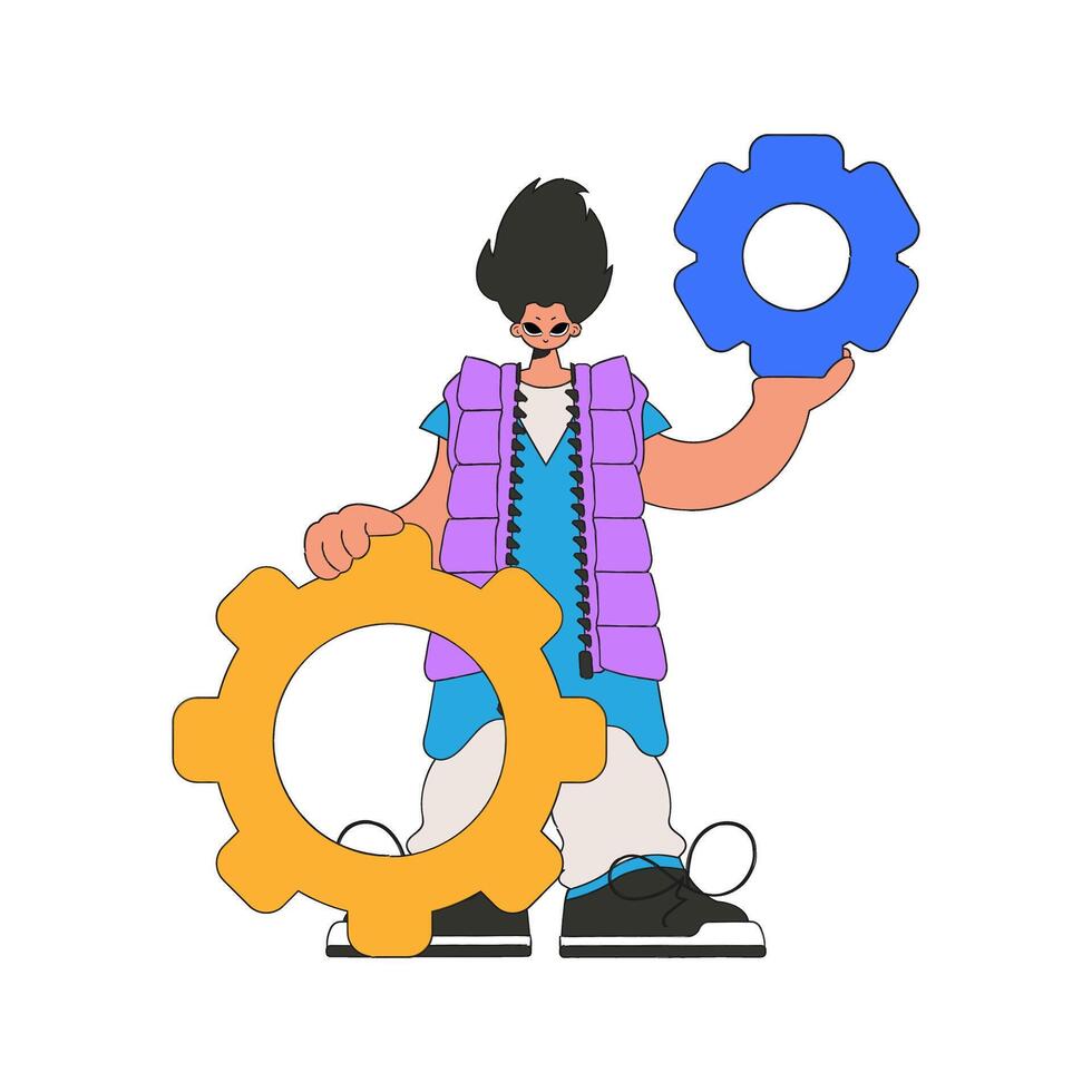 Fashionable man holding gears. Idea theme. vector