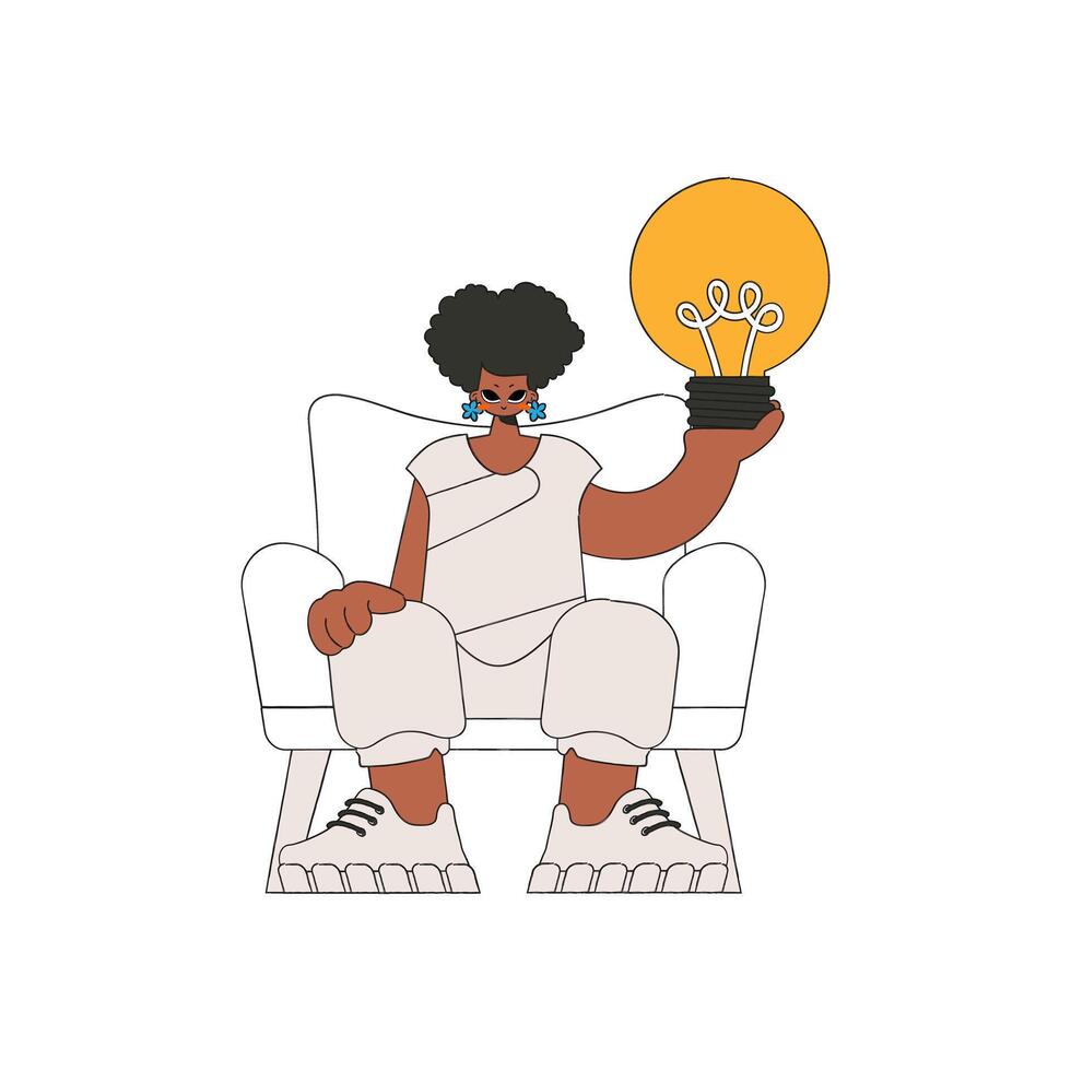 Presentable woman holds a light bulb in her hands. Idea theme. vector