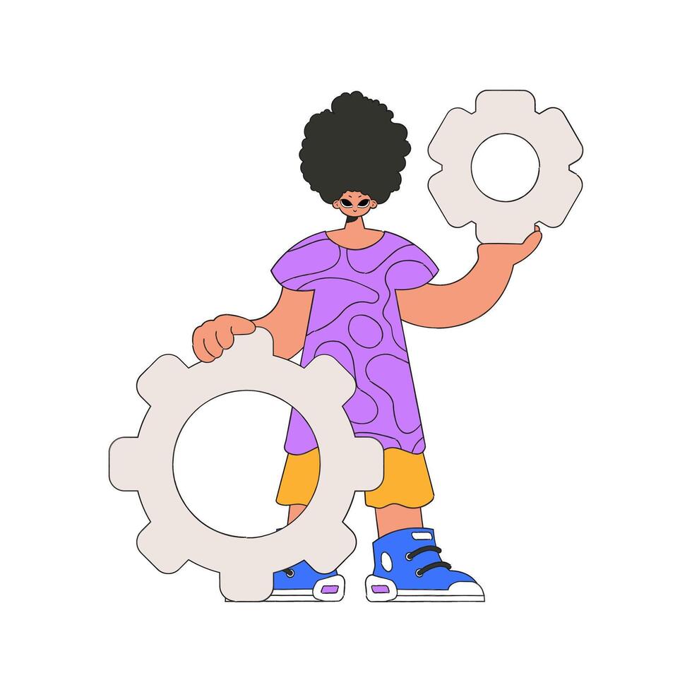 Gorgeous man holding gears in his hands. Idea theme. vector
