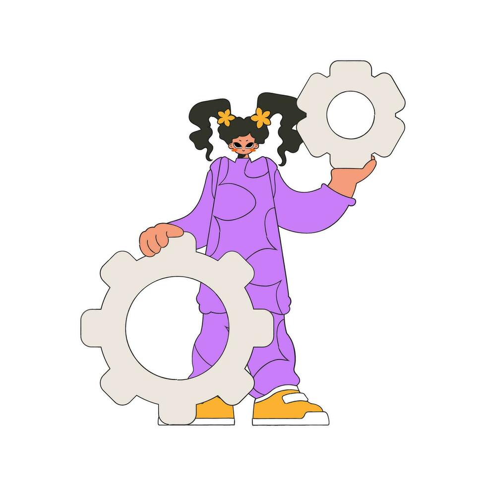 Gorgeous woman holding gears. Idea theme. vector