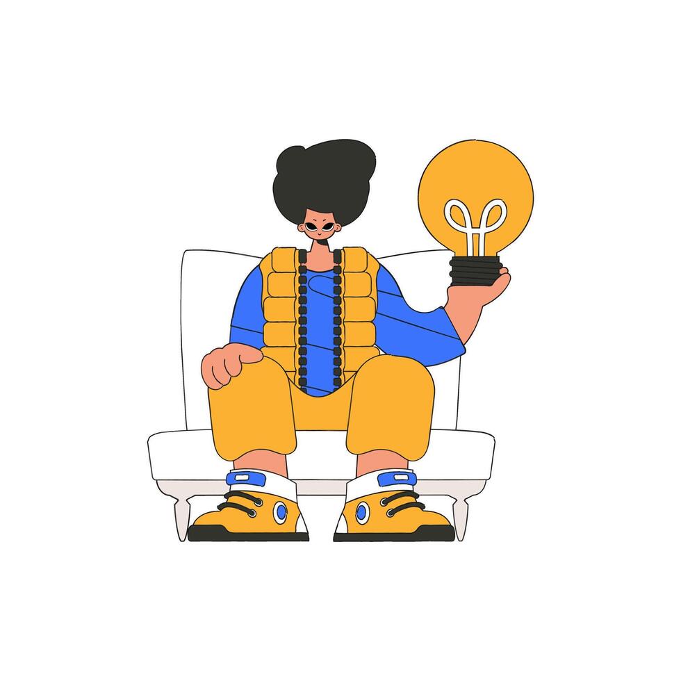 A presentable man holds a light bulb in his hands. Idea theme. vector