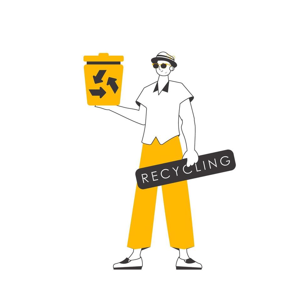 A man is holding a trash can. Waste recycling concept. Lineart trendy style. Isolated on white background. illustration. vector