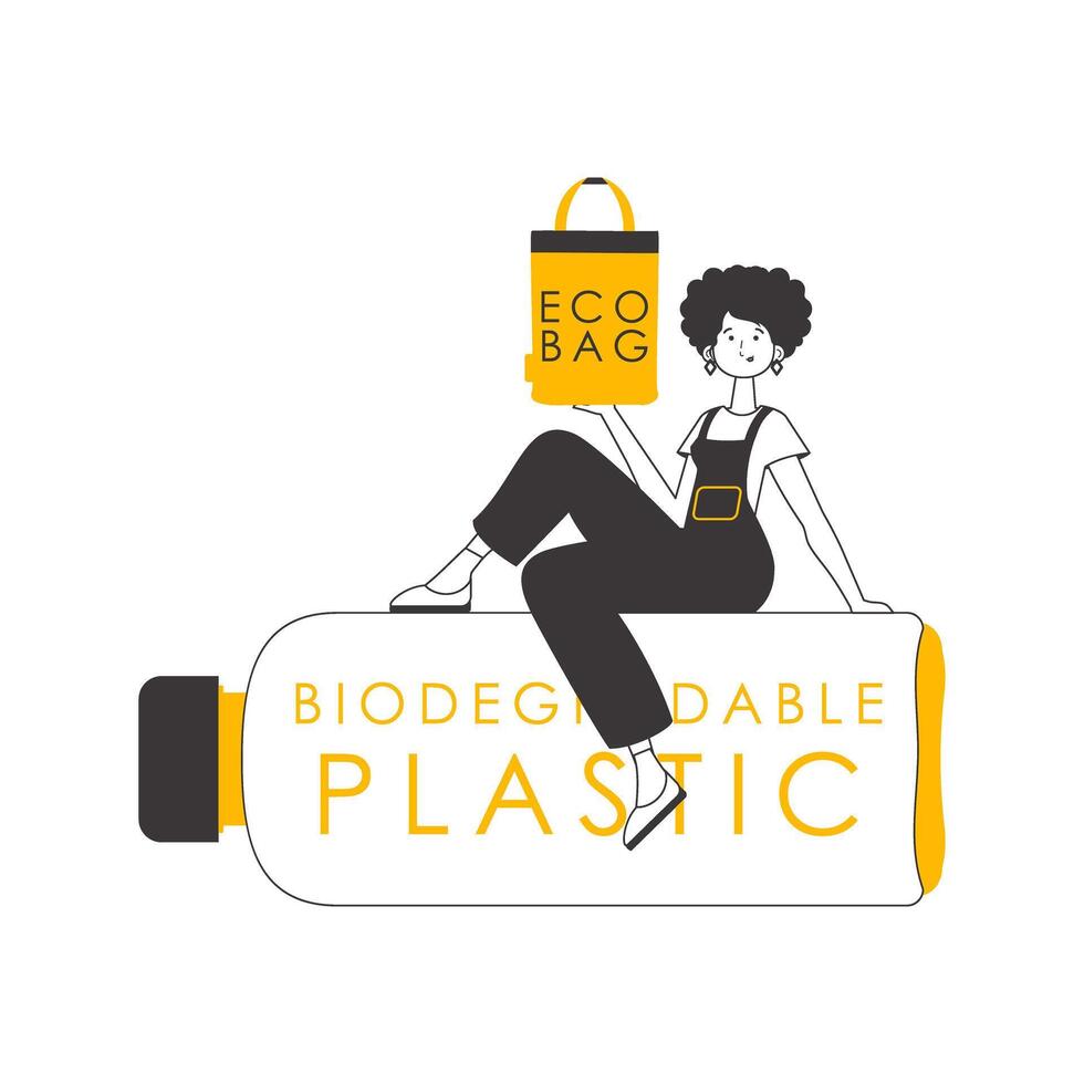 A woman holds an eco-package in her hands. Ecology conservation concept. Lineart style. Isolated on white background. illustration. vector