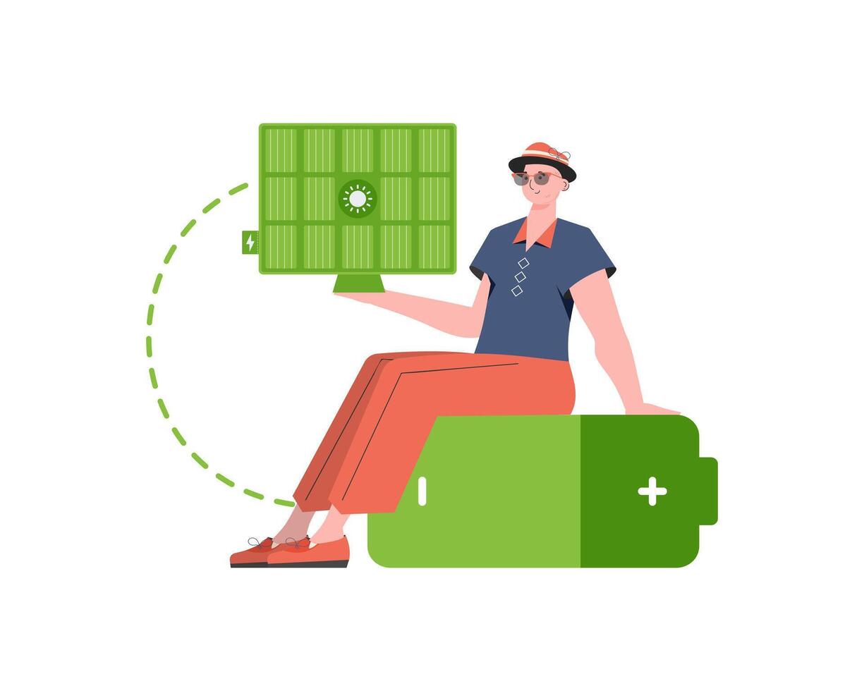A man sits on a battery and holds a solar panel in his hands. Eco energy concept. Isolated. . trendy style. vector