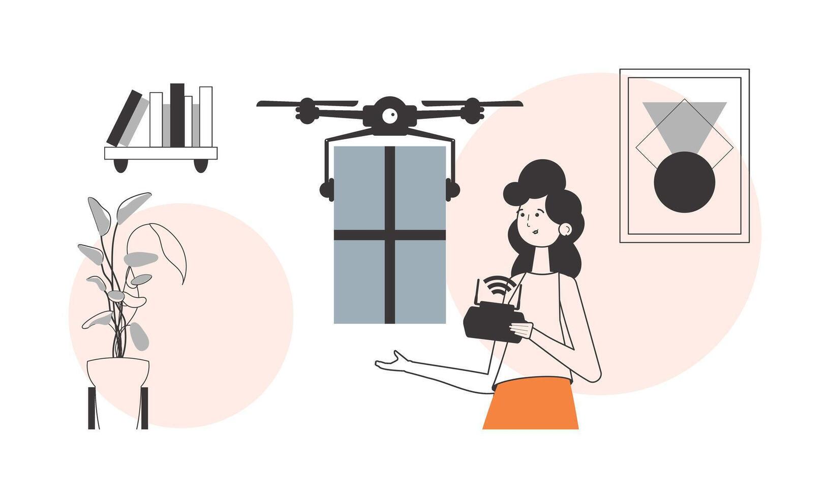 The girl sends a parcel with a drone. Air delivery concept. Linear modern style. vector