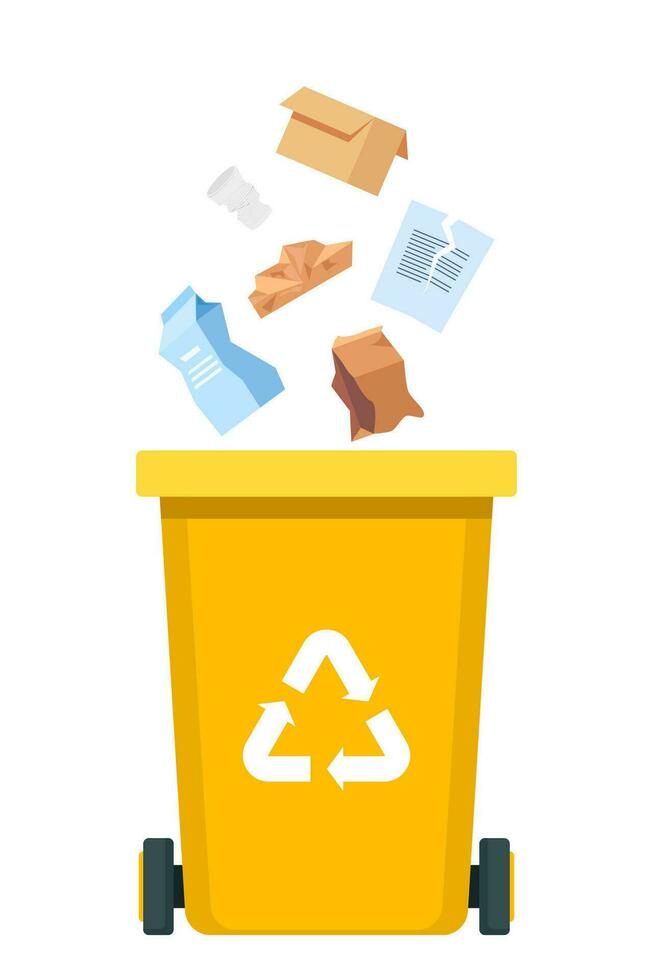 Garbage sorting set. Yellow Bin with recycling symbol for paper waste. Vector illustration for zero waste, environment protection concept.