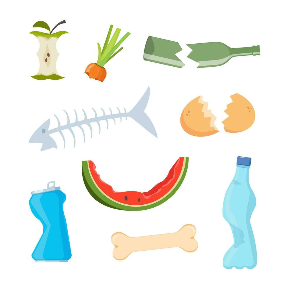 Organic and plastic waste, food compost collection isolated on white background. Banana and watermelon rind, fish bone and apple stump, plastic bottle. Vector illustration.