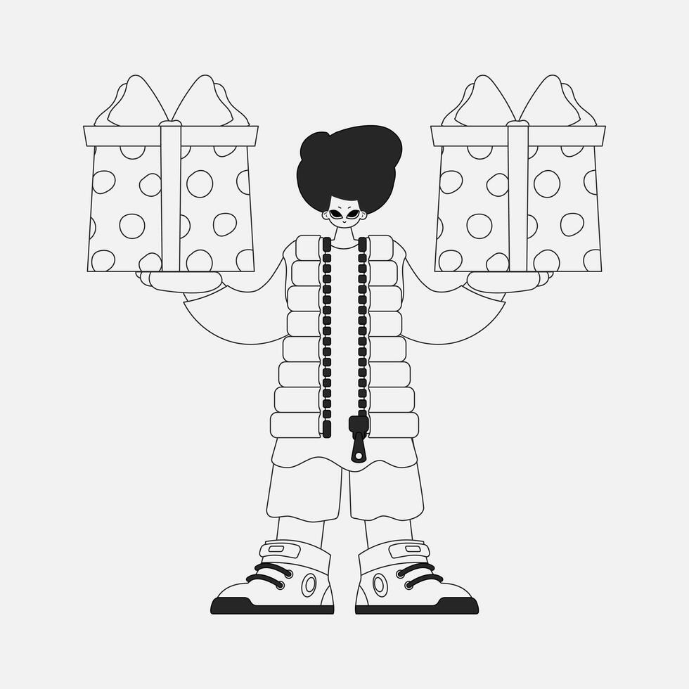 Charming man holding a gift box. Newspaper style character. vector