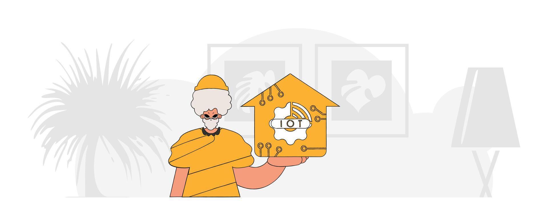 Guy sitting on floor holds IoT logo modern character style. vector