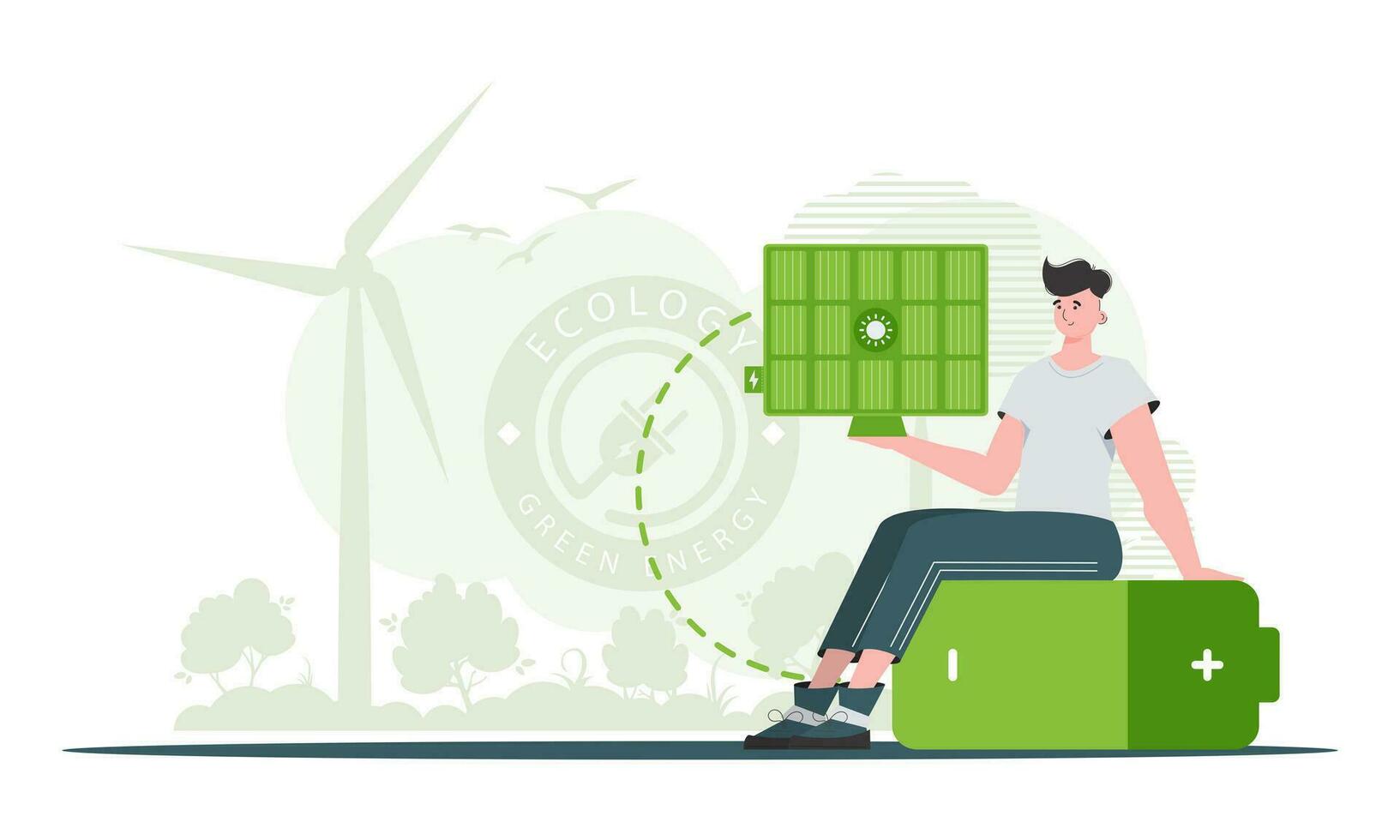 Green energy concept. The guy sits on a battery and holds a solar panel in his hands. trendy style. Vector illustration.