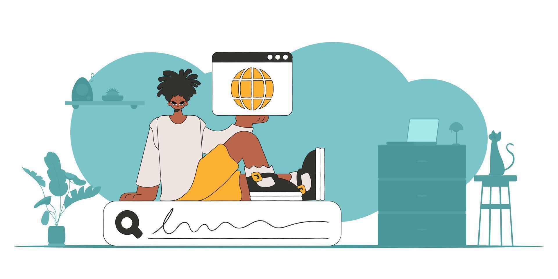 The concept of searching for information. The guy sits on the search bar and holds a web browser in his hands. Linear retro style character. vector