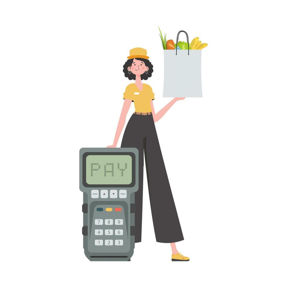 A woman is holding a grocery bag. Delivery concept. Isolated. trendy style. Vector. vector