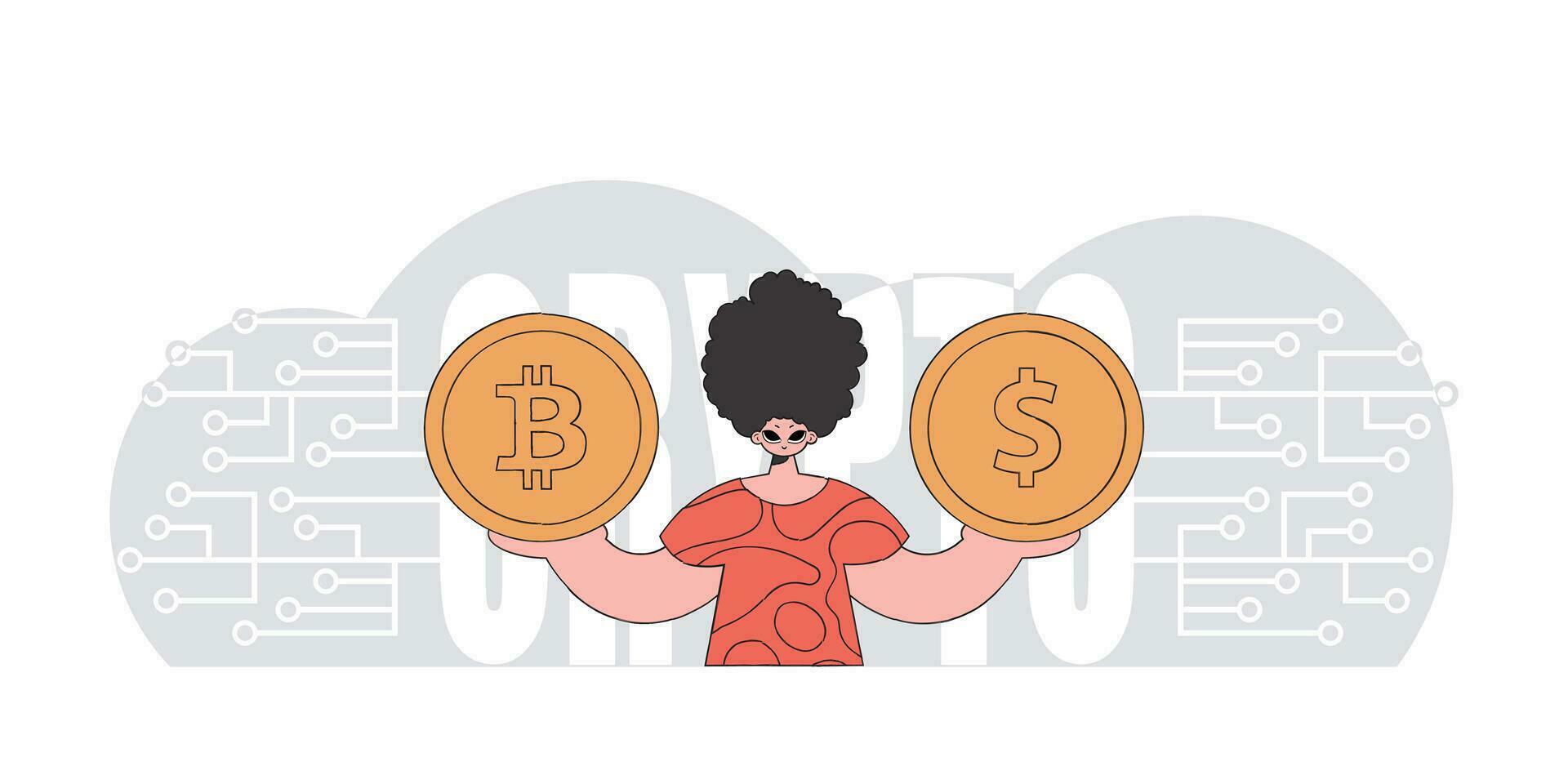 A man is holding a dollar and bitcoin coin. Cryptocurrency concept. vector