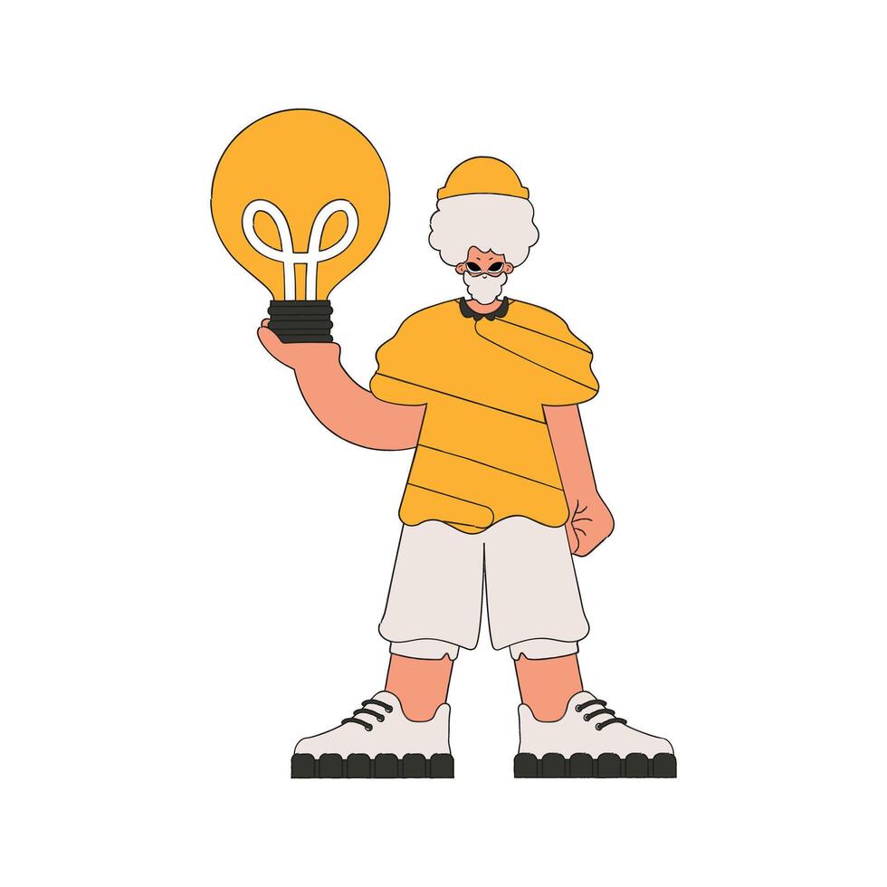 A handsome man is holding a light bulb. Idea theme. vector