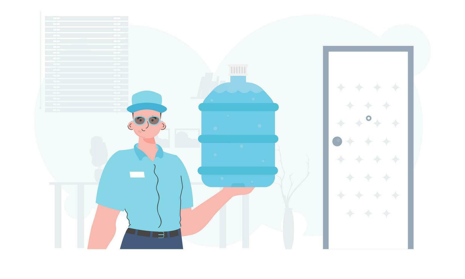 Water delivery concept. The man is holding a large water bottle. The character is depicted to the waist. Vector illustration.