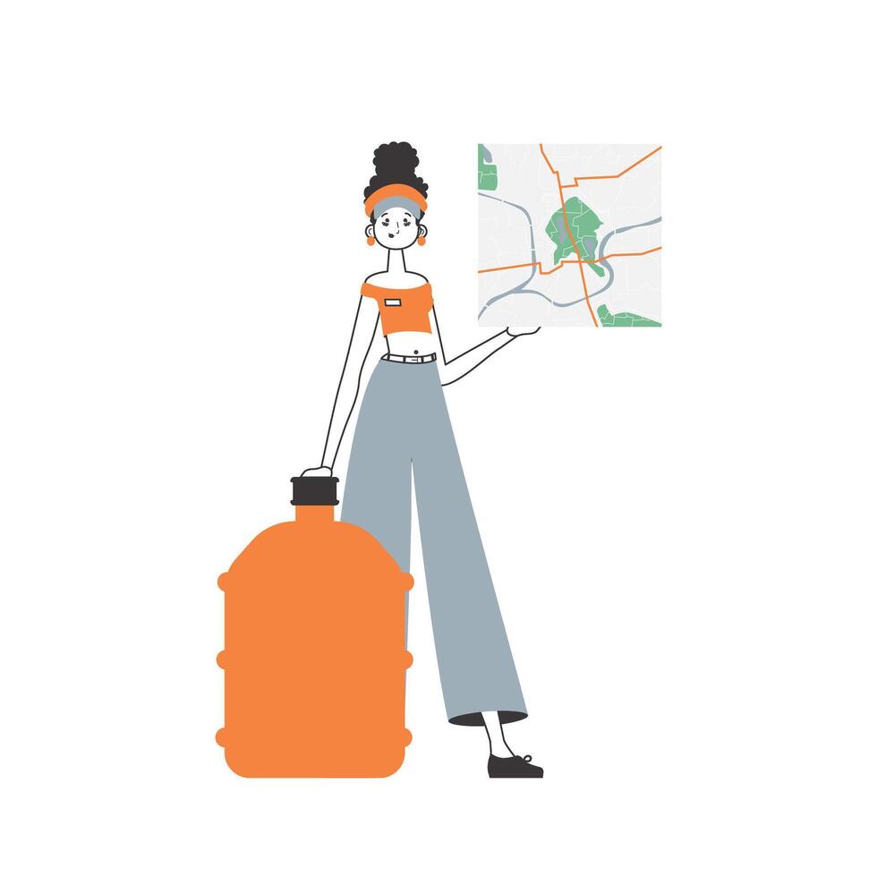 Water delivery concept. The girl is holding a map. Linear modern style. Isolated, vector illustration.
