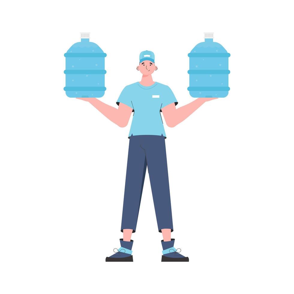 Water delivery concept. The man is holding a large water bottle. The character is depicted in full growth. Isolated on white background. Vector. vector