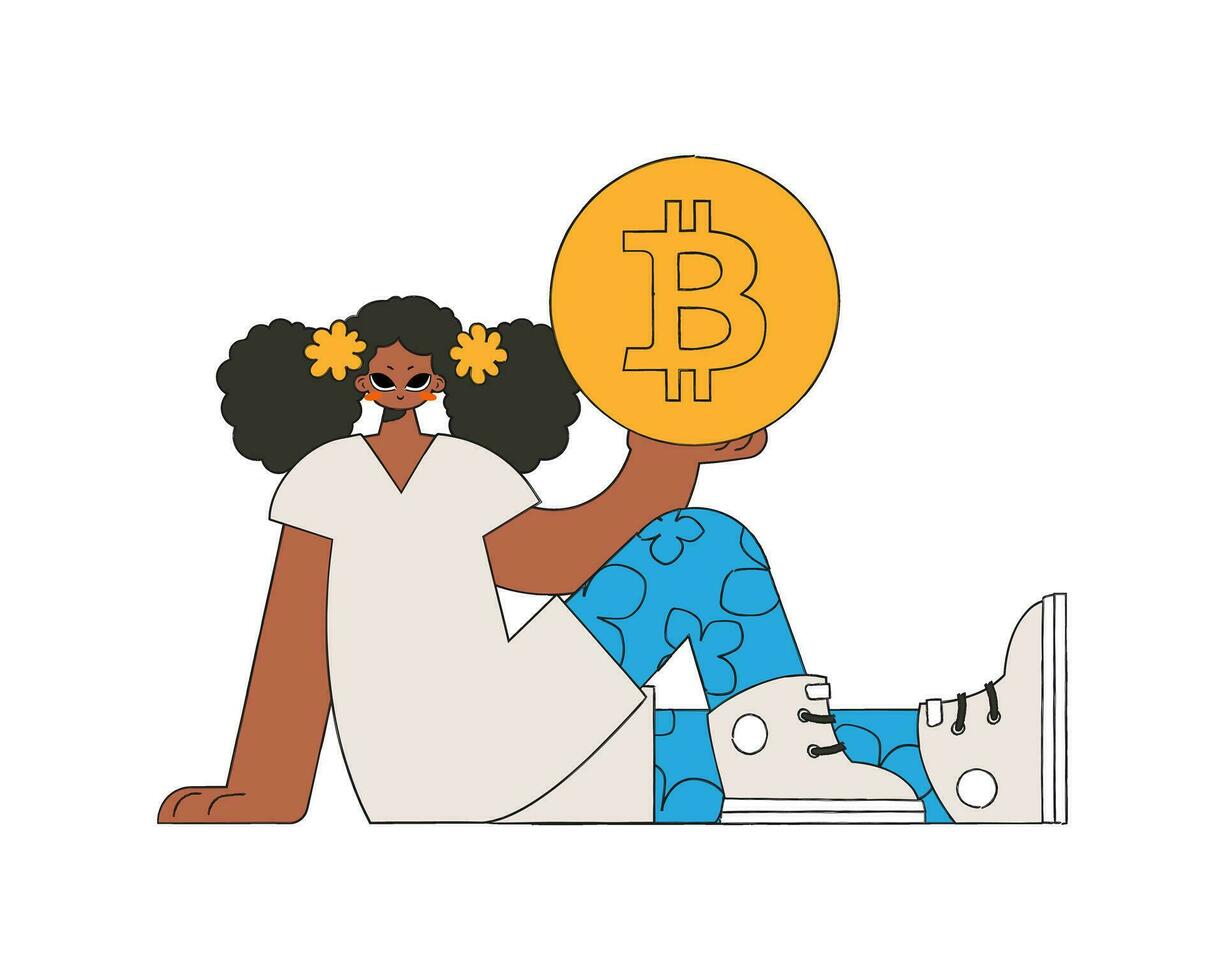 The girl is holding a bitcoin coin. Character trendy style. vector