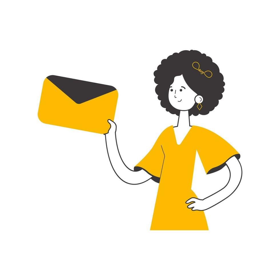 The girl is holding an envelope or a letter in her hands. Linear trendy style. Isolated. Vector. vector