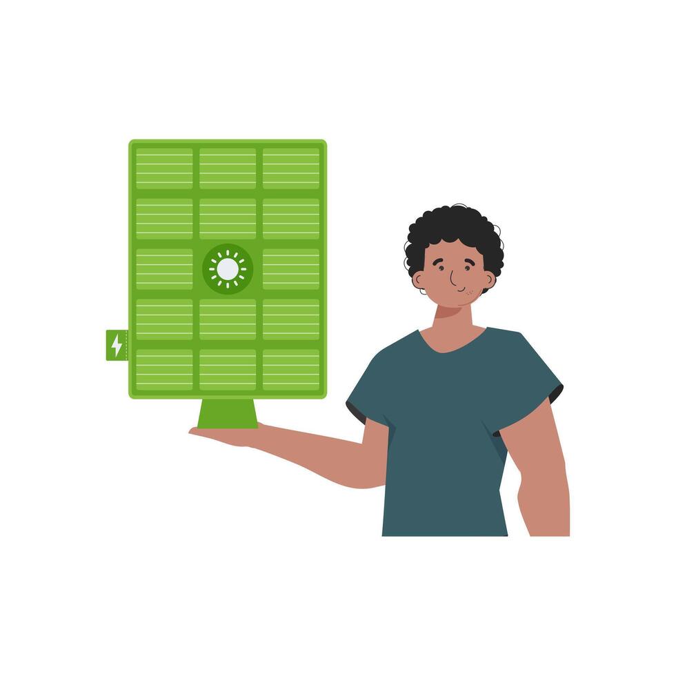 The guy is holding a solar panel in his hand. Green energy concept. Isolated. . trendy style. vector