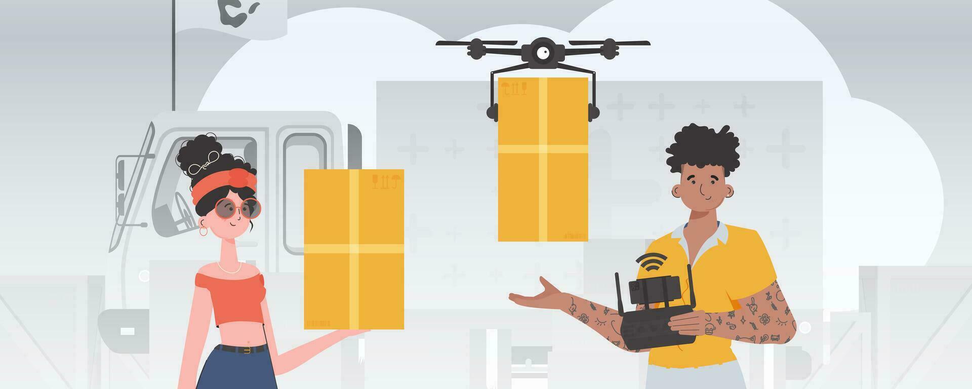 Camp for humanitarian aid. The quadcopter is transporting the parcel. Man and woman with cardboard boxes. Flat modern design. Vector. vector