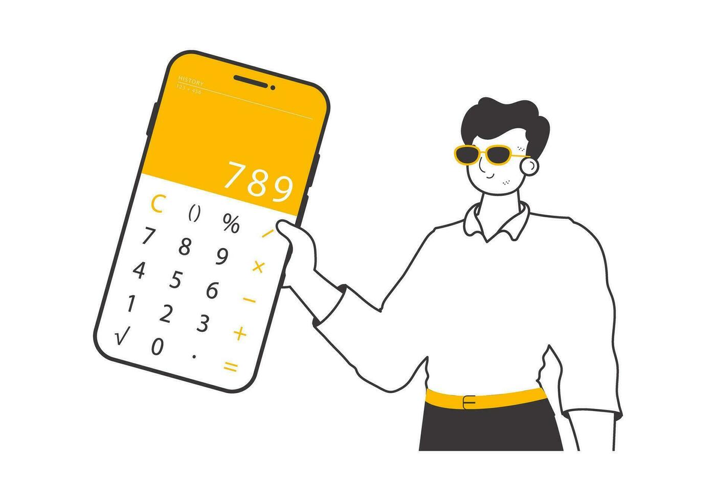 A man holds a calculator. Linear trendy style. Vector illustration.