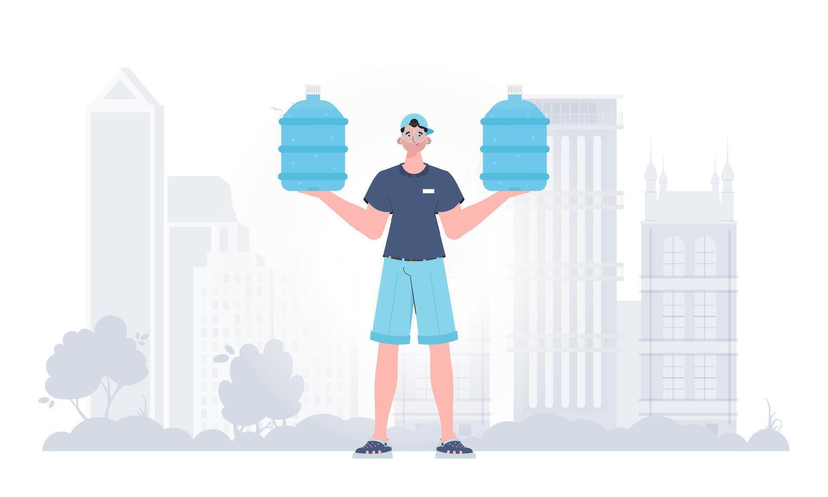 A man is holding a bottle of water. Delivery concept. The character is depicted in full growth. illustration. vector