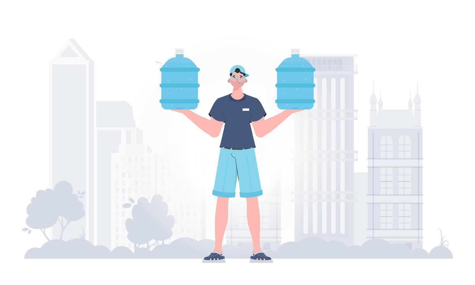 A man is holding a bottle of water. Delivery concept. The character is depicted in full growth. Vector illustration.