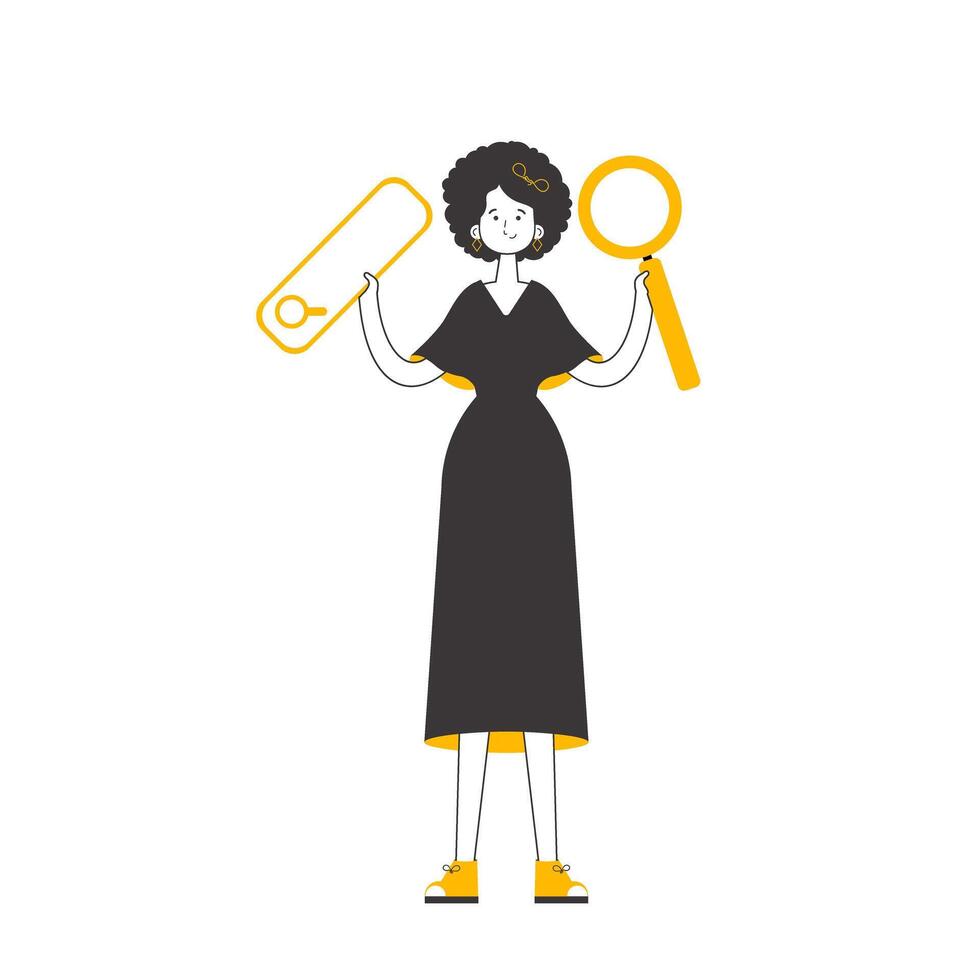 The girl is holding a magnifying glass in her hands. Search concept. Linear trendy style. Isolated on white background. . vector