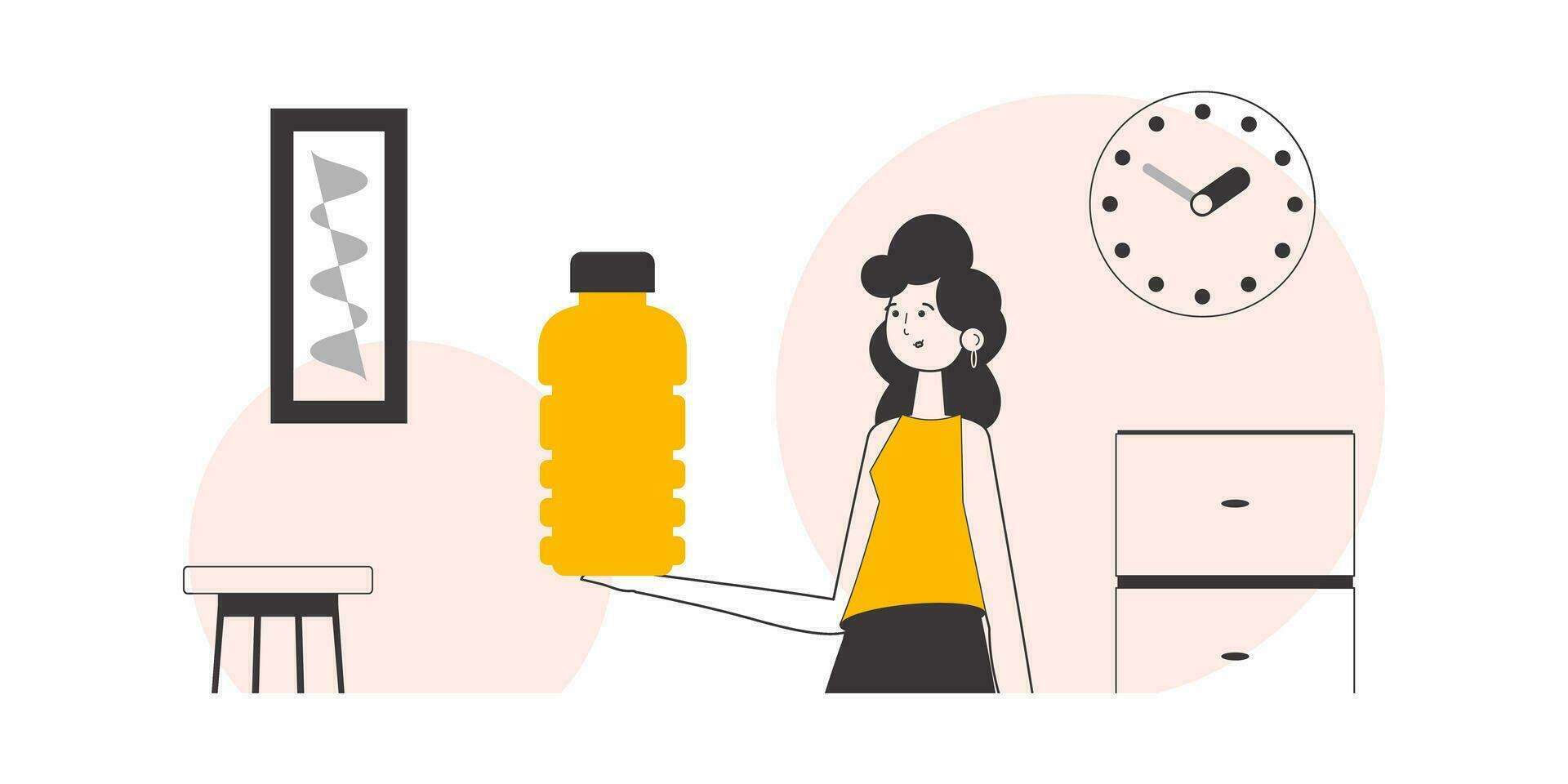 el mujer es participación un botella en su mano. lineal moderno estilo. vector