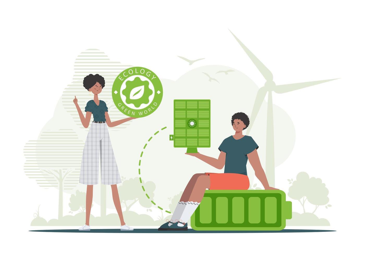 Woman and Man and solar panel. Green energy concept. . vector