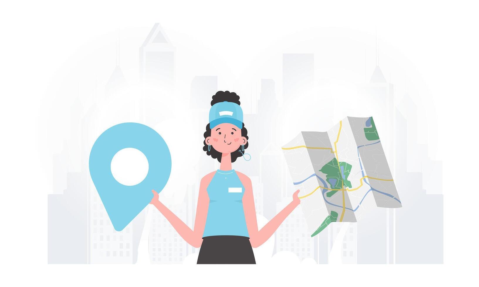 The girl is holding a map. The stylish character is depicted to the waist. Vector illustration.