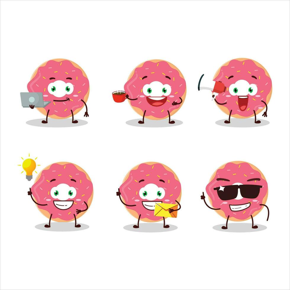 Strawberry donut cartoon character with various types of business emoticons vector