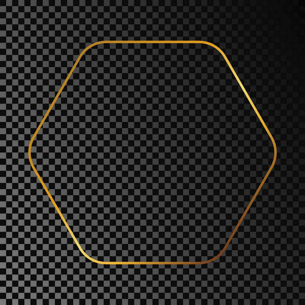 Gold glowing rounded hexagon frame isolated on dark background. Shiny frame with glowing effects. Vector illustration.