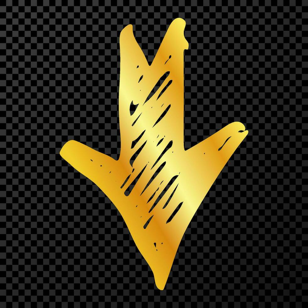 Gold hand drawn arrow. Sketch of gold doodle arrow isolated on dark background. Vector illustration.