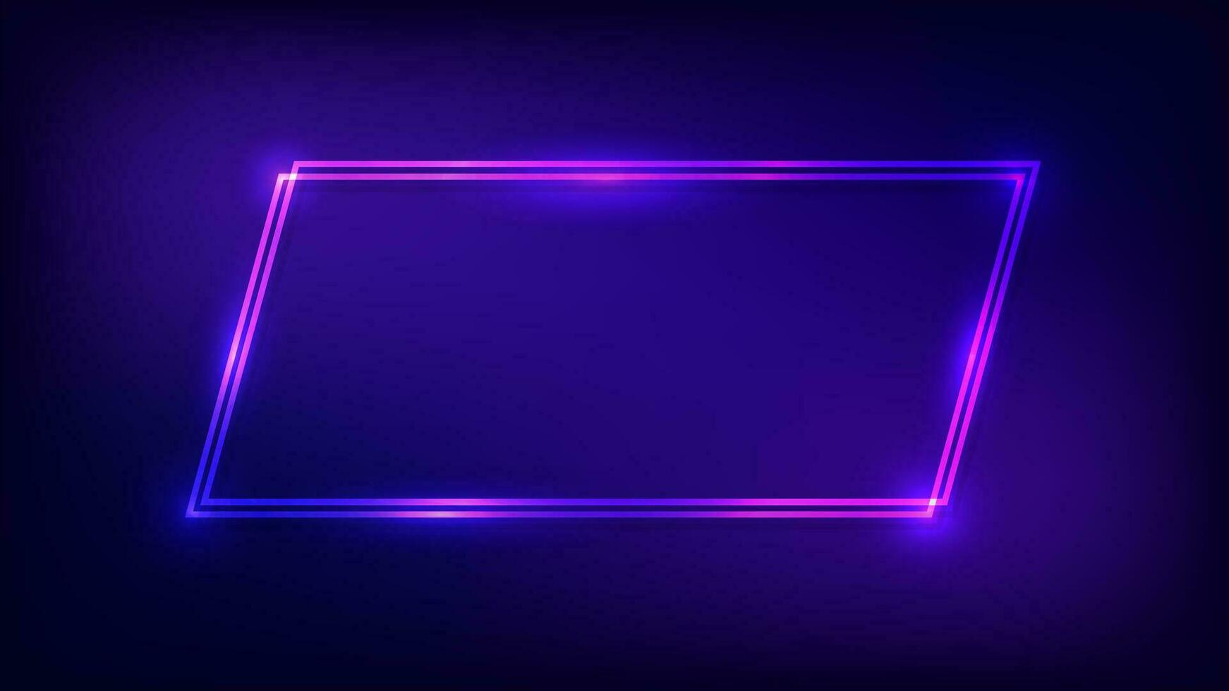 Neon double quadrangle frame with shining effects on dark background. Empty glowing techno backdrop. Vector illustration.