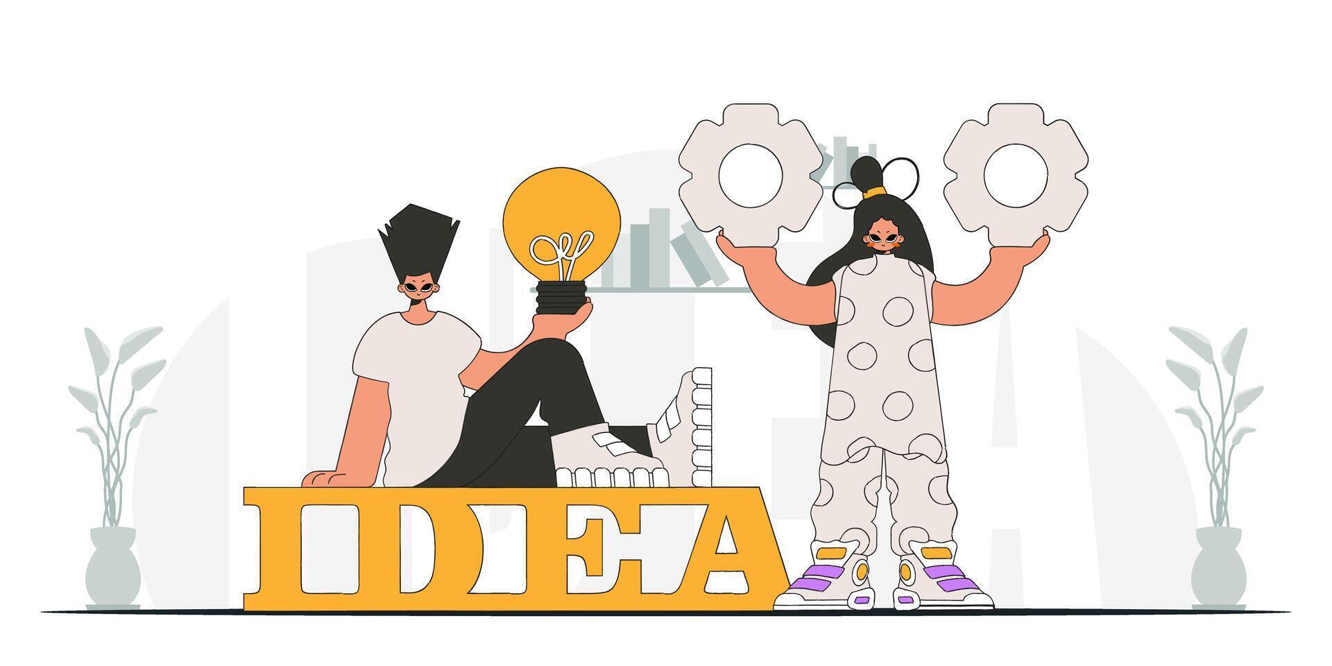 The fashion team generates ideas and solves problems. Light bulb and gears in their hands. Illustration on the theme of the appearance of an idea. vector