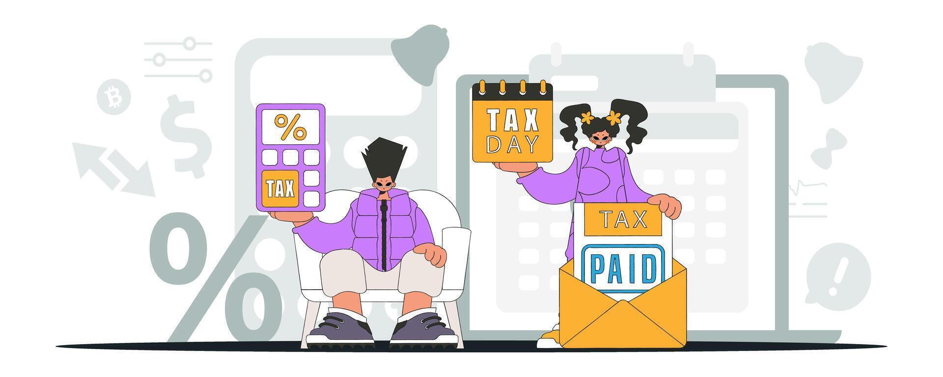 A graceful girl and a guy are engaged in paying taxes. Graphic illustration on the theme of tax payments. vector
