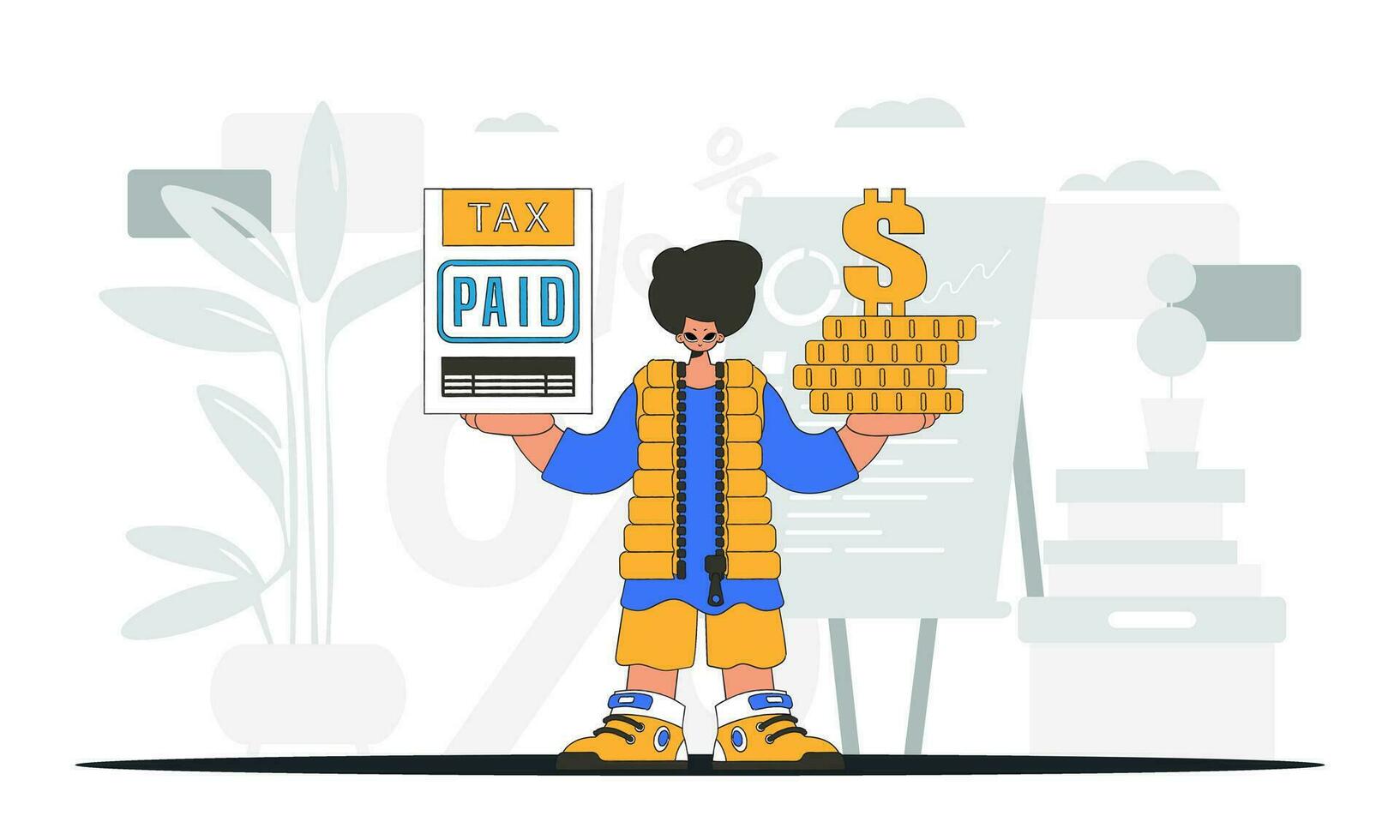 A fashionable man holds a tax form and coins in his hands. Graphic illustration on the theme of tax payments. vector