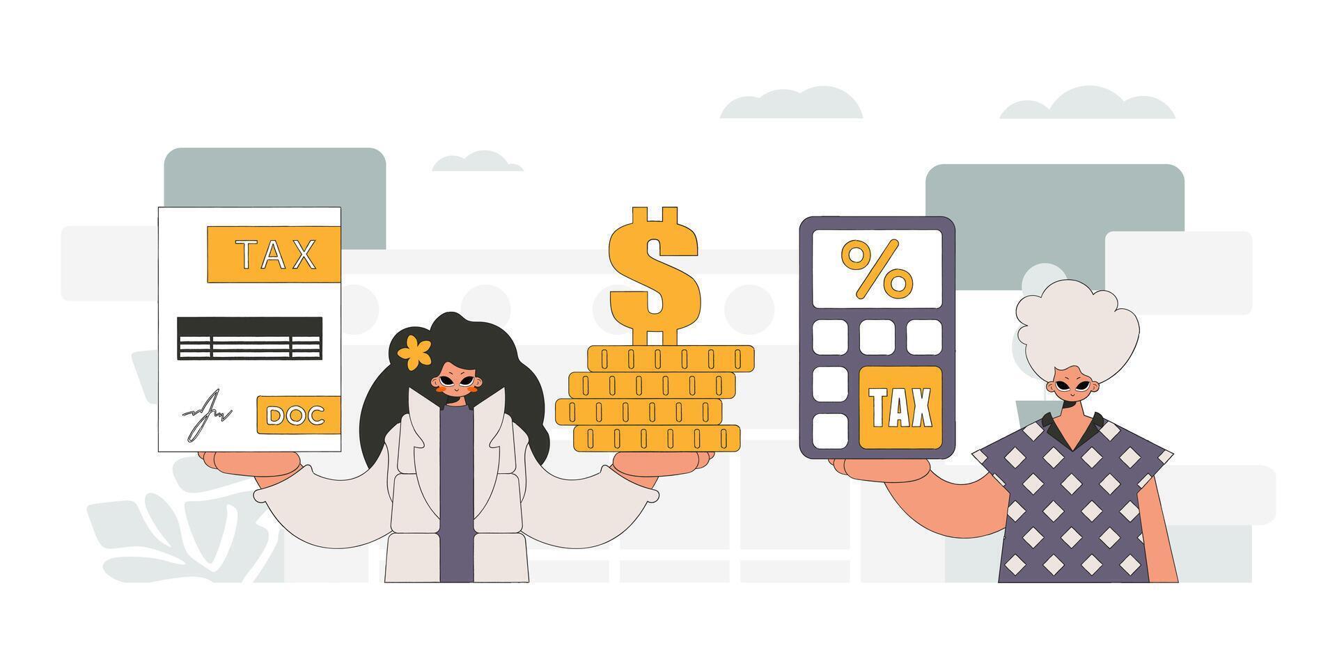 Graceful guy and girl demonstrate paying taxes. Graphic illustration on the theme of tax payments. vector